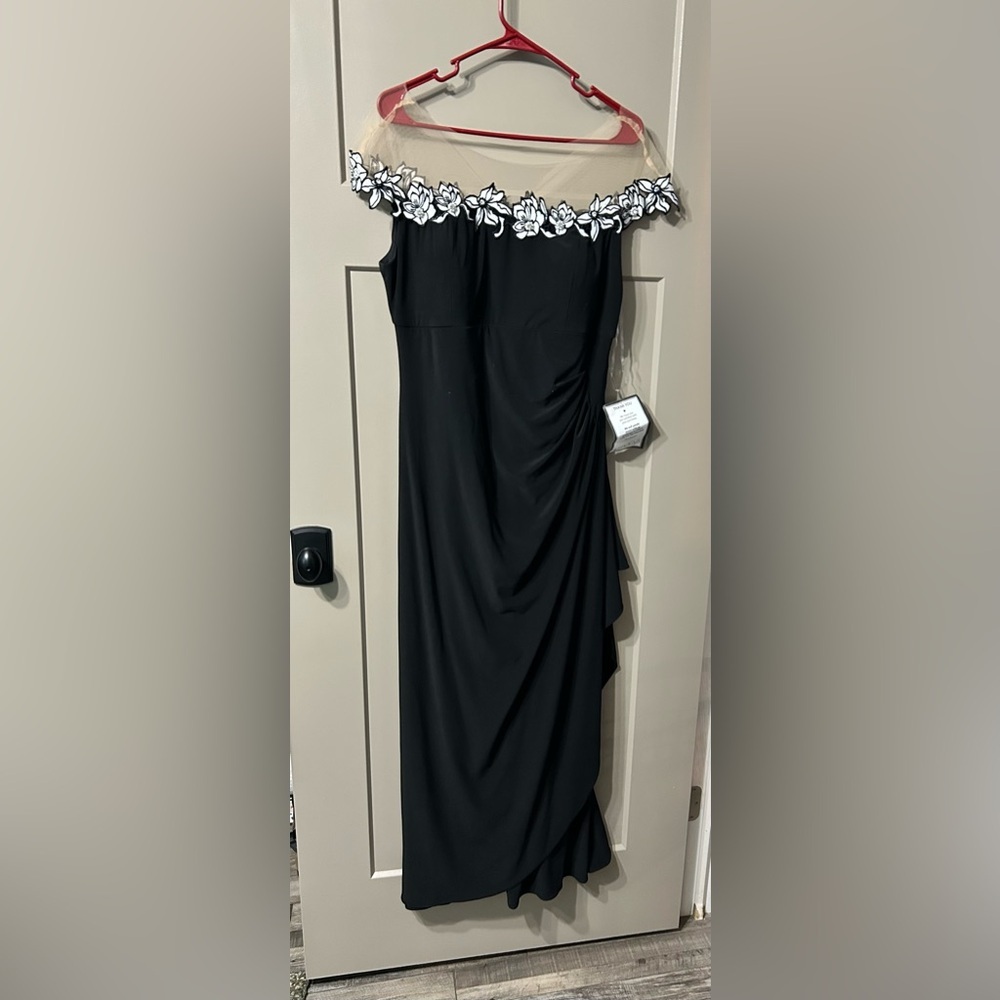 MSK Womens Embellished Gown Dress. blkwhtbg sheer off shoulder floral